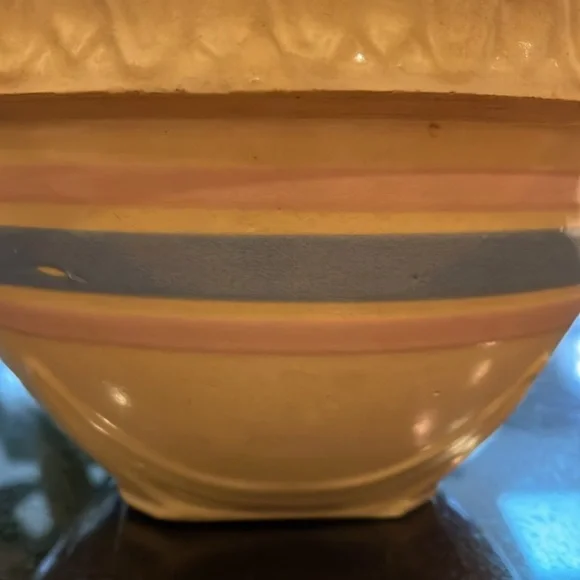 Antique (1930s) McCoy Yellow Ware Stoneware Bowl with Blue & Pink Stripes - Picture 2 of 14